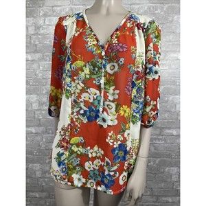Fig & Flower Anthropologie Small Red Semi Sheer V-neck Blouse